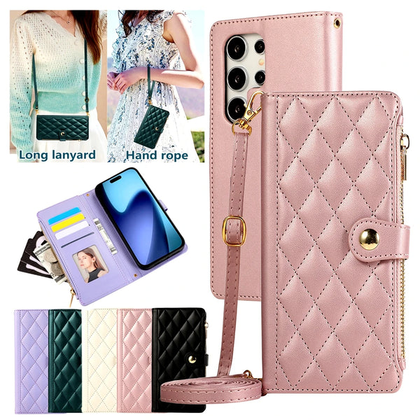 Crossbody Zipper Wallet Case for Samsung Galaxy S25 Ultra Edge S24 Plus S23 FE S22 Kickstand Cards Slots Cash Pocket Phone Cover