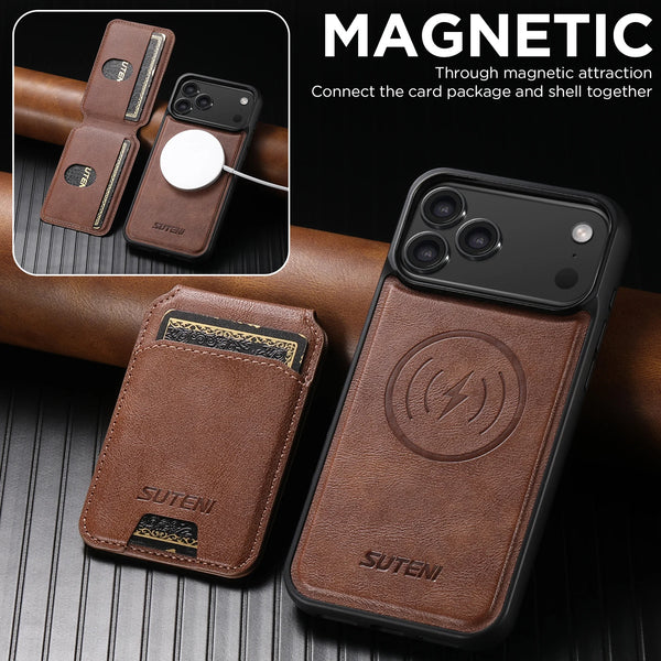 SUTENI Wireless Charging Magnet Faux Leather Phone Case Card Holder Stand Wallet 2-in-1 For iPhone 17 Pro Max 16 15 14 13 12