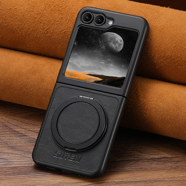 SUTENI Magnet Wireless Charging Phone Case Oil Wax Faux Leather 360° Rotating Stand Buckle For Samsung Galaxy Z Flip 7 6 5