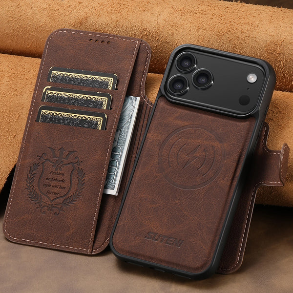 SUTENI Wireless Charging Card HolderStand Faux Leather Wallet Magnetic Flip Cover Phone Case For iPhone 17 Pro Max 16 Plus 15 14