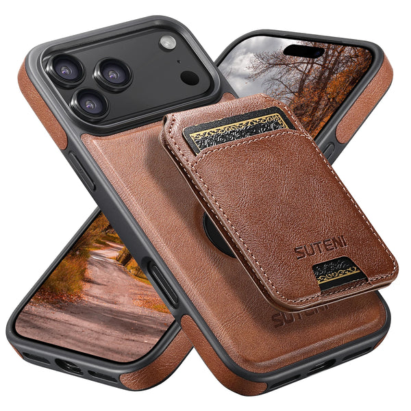 SUTENI Faux Leather Phone Case Wireless Charging Magnet Card Holder Stand Smooth Surface 2-in-1 For 17 Pro Max 16 Plus 15 14 13