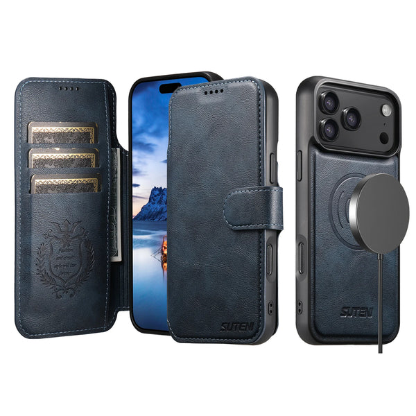 SUTENI Faux Leather Wireless Charging Card Holder Stand Wallet Magnetic Flip Cover Phone Case For iPhone 17 Pro Max 16 Plus 15