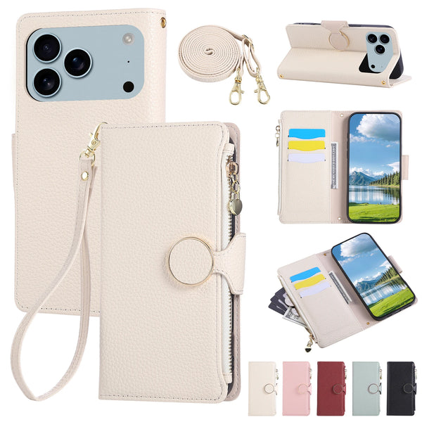 Lanyard Zipper Leather Wallet Case for Iphone 17 Promax Air 16 Pro Max 15 Plus 14 13 12 Kickstand Card Slots Holder Phone Cover