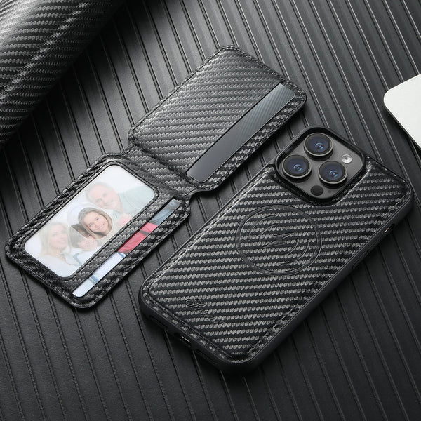Carbon Fiber Leather 2-in-1 Magnetic Phone Case Card Holder Wallet MagSafe Wireless charging for iPhone 17ProMax 16Plus 15 14 13