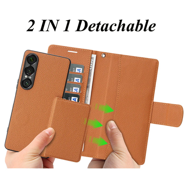 2 in 1 Leather Wallet Case for Sony 10VII 1VII Cash Card Slots Holder Kickstand Phone Cover WIth Hand Strap
