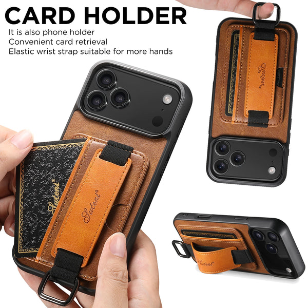 SUTENI brand Wrist Strap Leather Card Holder Stand for IPhone 17 Air Pro 16 E Plus 15 14 13 12 Mini 11 X Xs XR Max Case