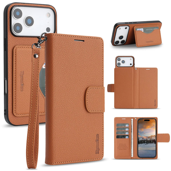 2 in 1 Leather Wallet Case for Iphone 17 Promax 17e 16e 16 Pro Max 15 Plus 14 13 12 Cash Card Slots Phone Cover WIth Hand Strap