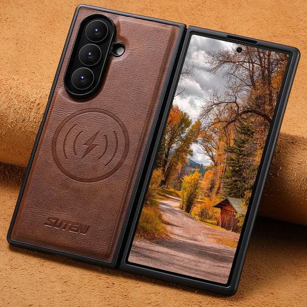 SUTENI Frosted Feel Faux Leather Magnet Wireless Charging Phone Case  For Samsung Galaxy Z Fold 7 6