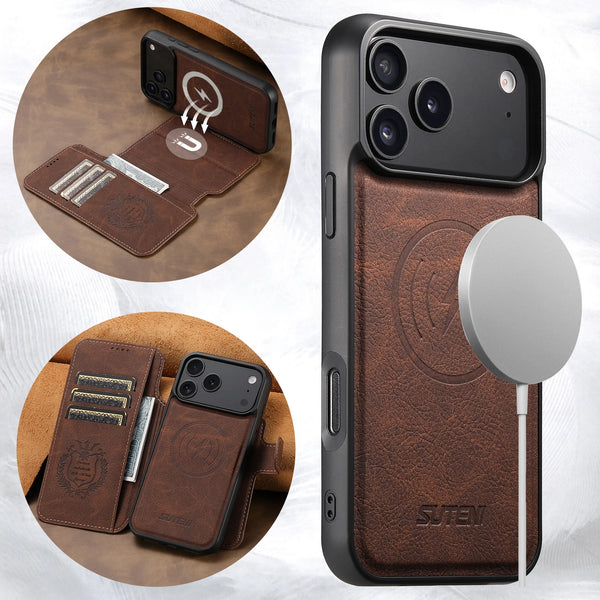 SUTENI Wireless Charging Card HolderStand Faux Leather Wallet Magnetic Flip Cover Phone Case For iPhone 17 Pro Max 16 Plus 15 14