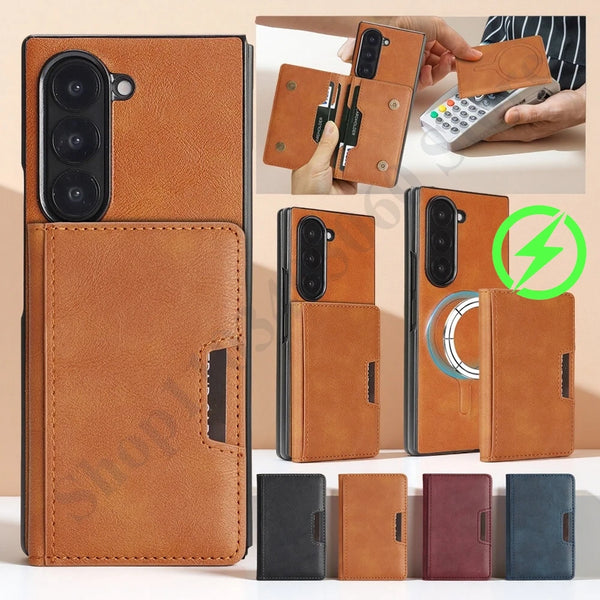2 in 1 Leather Case for Samsung Galaxy Z Fold 7 6 5 4 3 Fold7 Fold6 Fold5 Fold4 Fold3 Card Slots Wireless Charger Phone Cover