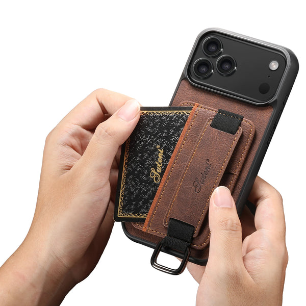 SUTENI For iPhone 17 Pro Max 16 Plus 15 14 13 12 Faux Leather Phone Case Wrist Strap Ring Buckle Card Holder Bag Stand