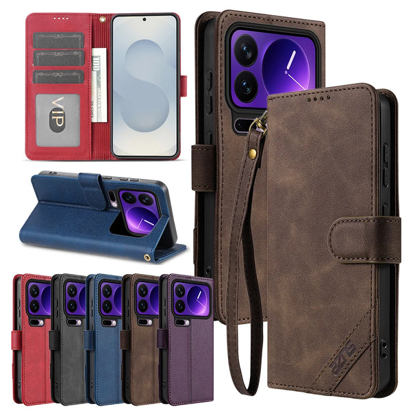 Flip PU Leather Case for Xiaomi 17 15 15T Pro max Promax Ultra Card Slots Holder Kickstand Phone Cover With Hand Strap