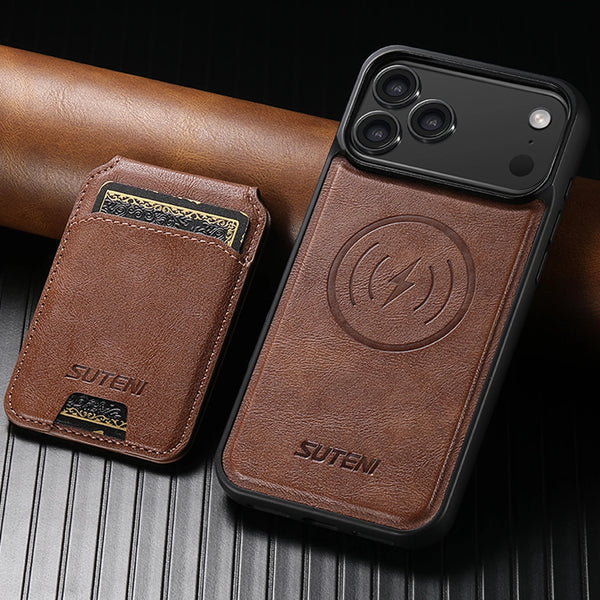 SUTENI Wireless Charging Magnet Faux Leather Phone Case Card Holder Stand Wallet 2-in-1 For iPhone 17 Pro Max 16 15 14 13 12