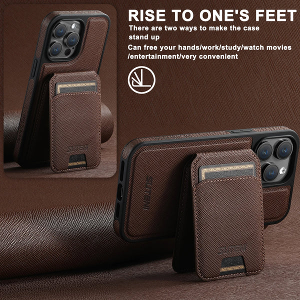 Suteni 2-in-1 Magnetic MagSafe Wireless Charging Case Bracket Card Holder Leather Phone Case for iPhone 16 Pro Max 15 Plus 14 13