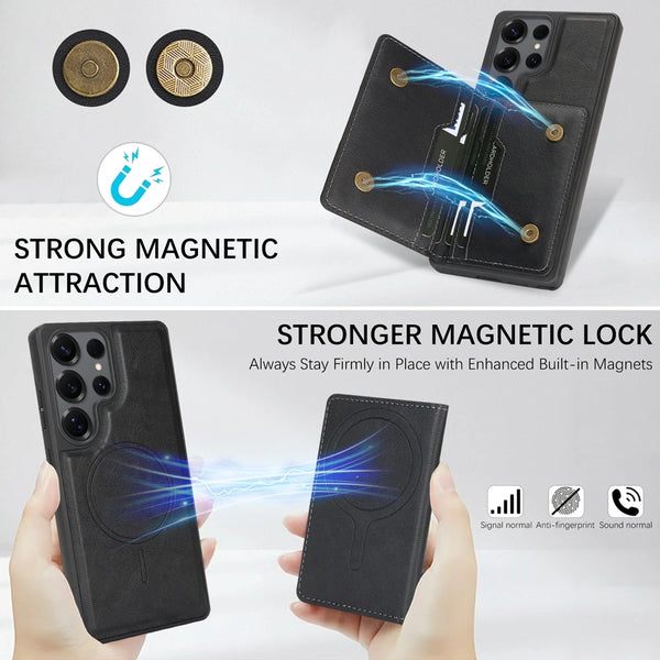 2 in 1 Wireless Charging Leather Case for Samsung Galaxy S25 Ultra S23 Plus S24 S22 Magnetic Cards Holder Card Slots Phone Cover
