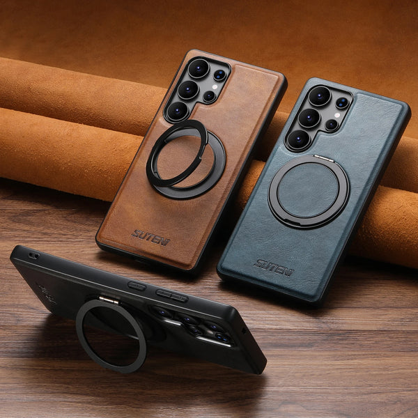 SUTENI Magnet Wireless Charging Phone Case Oil Wax Faux Leather 360° Rotating Stand Buckle For Samsung Galaxy S26Ultra S25 S24