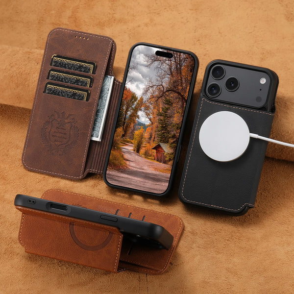 SUTENI Flip Cover Phone Case Wireless Charging Faux Leather Card Holder Stand Wallet Magnet For iPhone 17 Pro Max 16 Plus 15 14