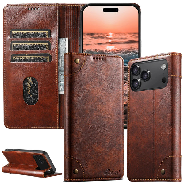 SUTENI Durable Faux Leather Card Holder Stand Wallet Magnet Flip Cover Phone Case For iPhone 17 Pro Max 16 Plus 15 14 13 12