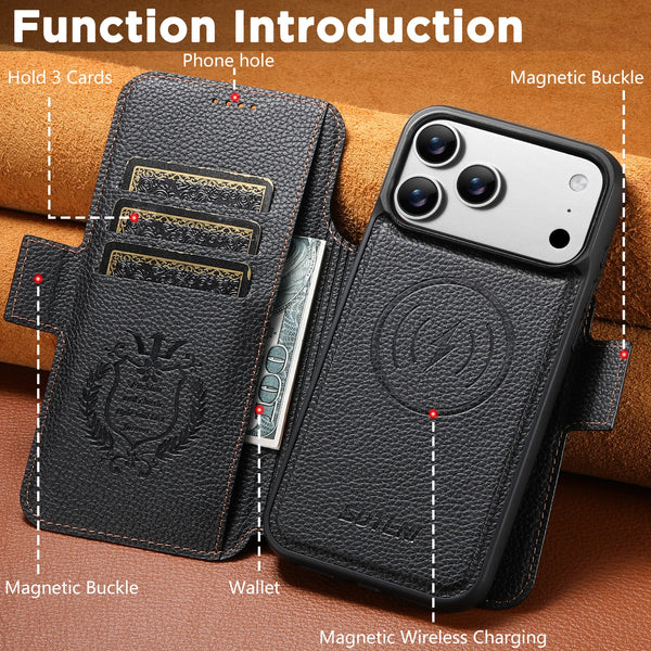 SUTENI Faux Leather Wireless Charging Card Holder Stand Wallet Magnetic Flip Cover Phone Case For iPhone 17 Pro Max 16 15 14 13