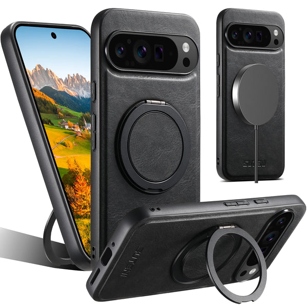 SUTENI PU Leather Oil Wax Compatible Wireless Charging Phone Case 360° Rotating Stand Buckle For Google Pixel 9XL 8Pro 7A 6
