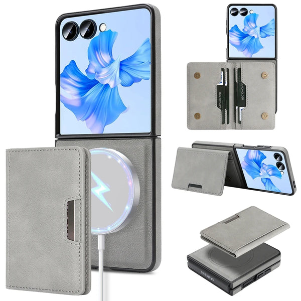 2 In 1 Magnetic Leather Case For Samsung Galaxy Z Flip 7 6 5 4 3 Cards Holder Card Slots Kickstand Wireless Charging Phone Cover