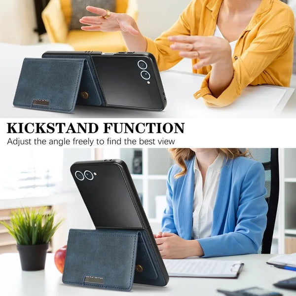 Leather Case For Samsung Galaxy Z Flip 7 6 5 4 3 Flip7 Flip6 Flip5 Wireless Charging 2 In 1 Magnetic Cards Bag Phone Cover