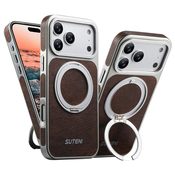 SUTENI Faux Leather Magnet Wireless Charging Phone Case 360° Rotating Stand Ring Buckle Frosted Feel For iPhone 17 Pro Max 16 15