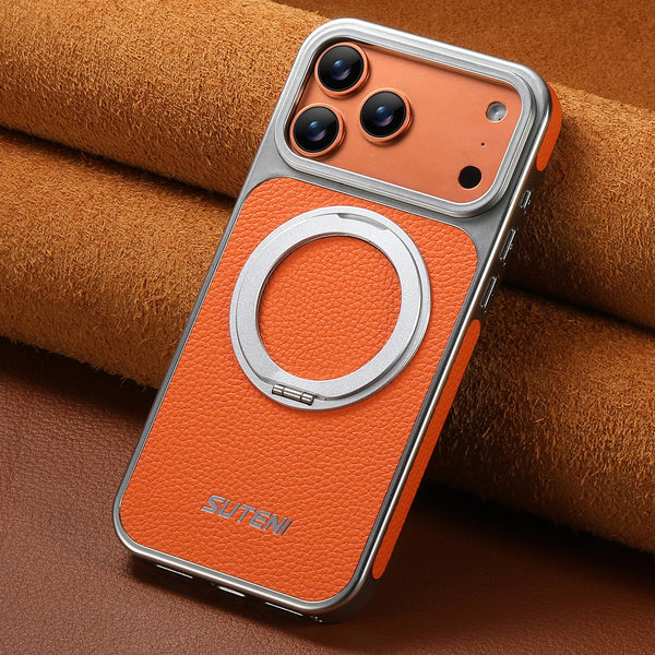 SUTENI Faux Leather Magnet Wireless Charging Phone Case 360° Rotating Stand Ring Buckle Frosted Feel For iPhone 17 Pro Max 16 15