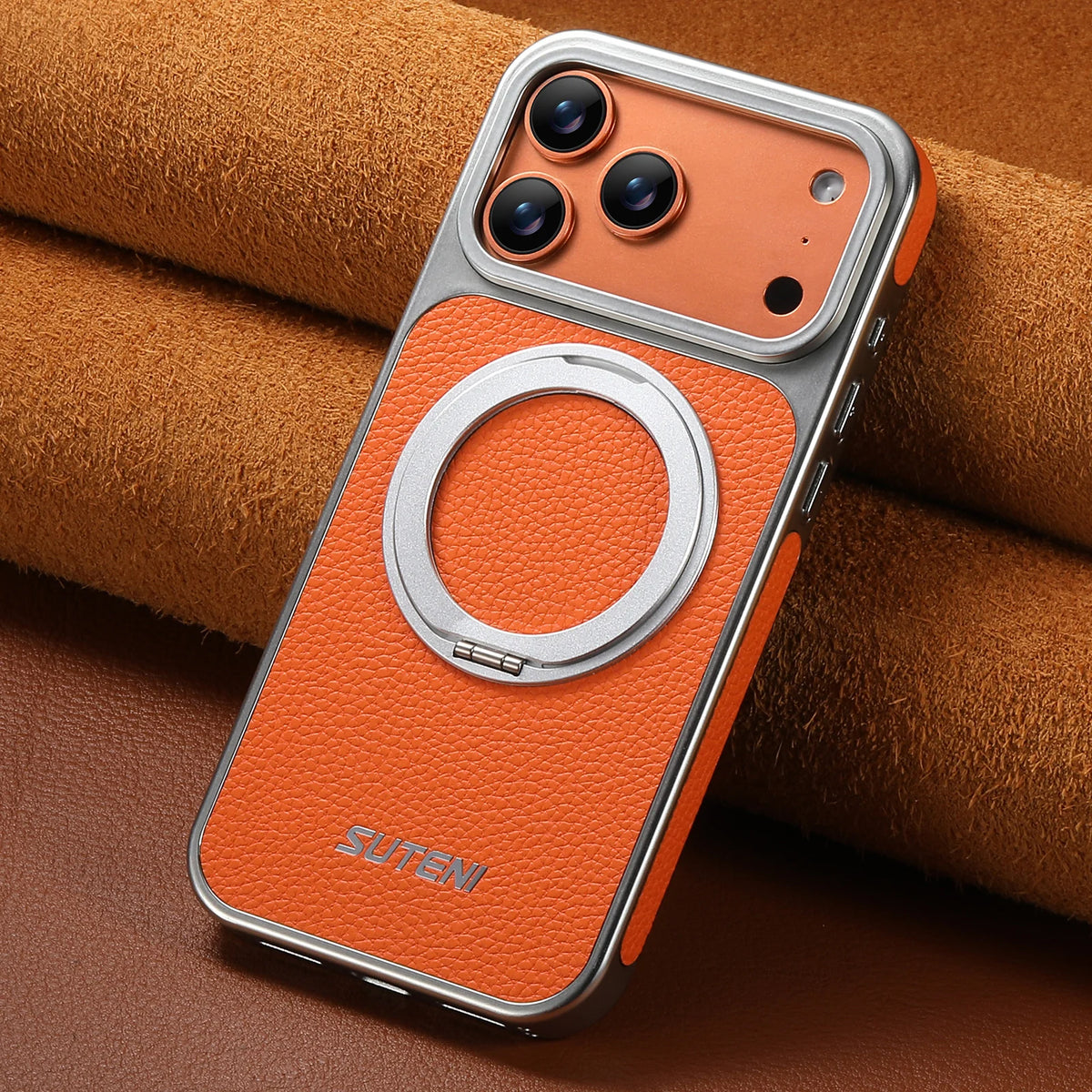 SUTENI Faux Leather Magnet Wireless Charging Phone Case 360° Rotating Stand Ring Buckle Frosted Feel For iPhone 17 Pro Max 16 15
