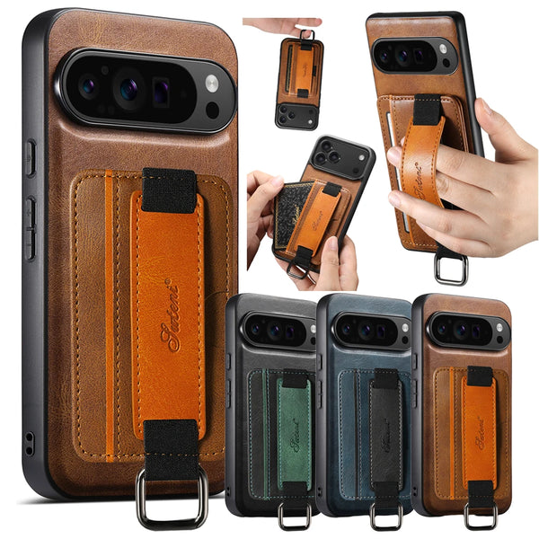 Leather Case For Google Pixel 10 10Pro 9 9ro 8 8A 8Pro XL Pro 7 7A 7Pro Card Slots Cards Holder Hand Hold Wristband Phone Cover