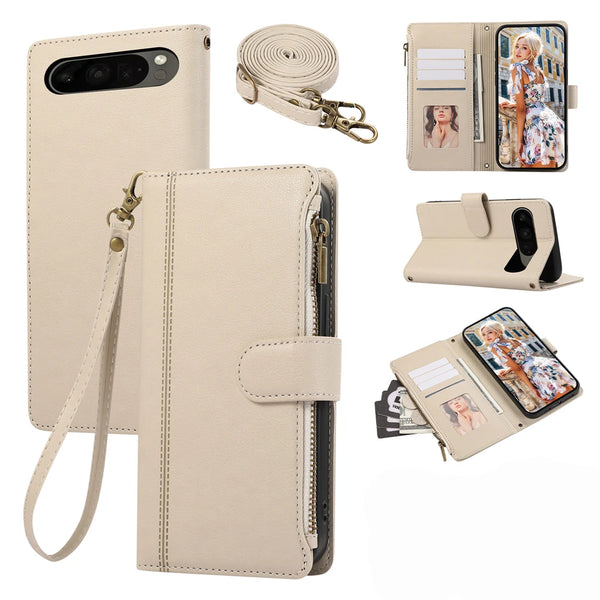 Crossbody Leather Wallet Case  for Google Pixel 10 9 Pro XL 8 7 9A 8A 7A Card Slots Holder Kickstand Lanyard Zipper Phone Case