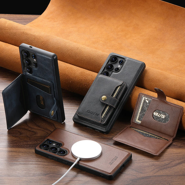 SUTENI Wireless Charging Luxury PU Leather Magnetic Buckle Phone Case Card Holder Stand For Samsung S26 Ultra S25 S24 S23 S22