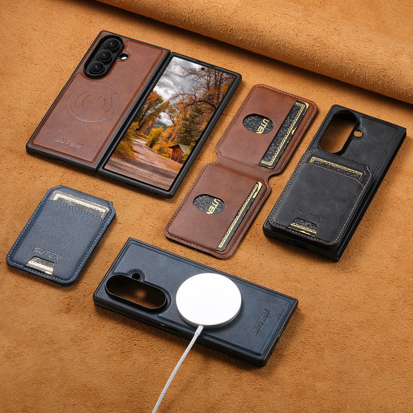 SUTENI Wireless Charging Magnet Faux Leather Phone Case Card Holder Stand Smooth Surface Wallet 2-in-1 For Samsung Z Fold 7 6
