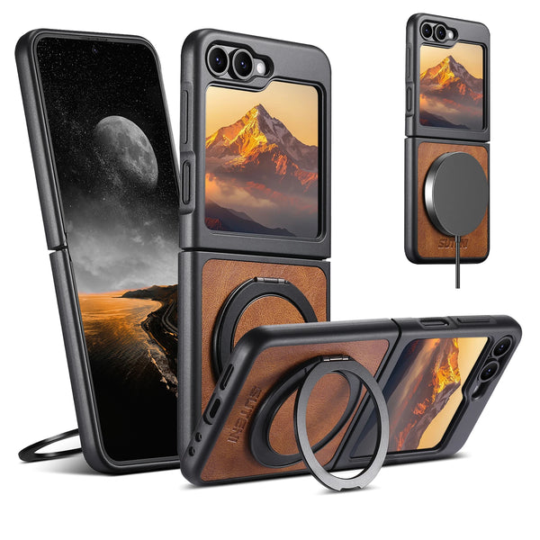 SUTENI Magnet Wireless Charging Phone Case Oil Wax Faux Leather 360° Rotating Stand Buckle For Samsung Galaxy Z Flip 7 6 5