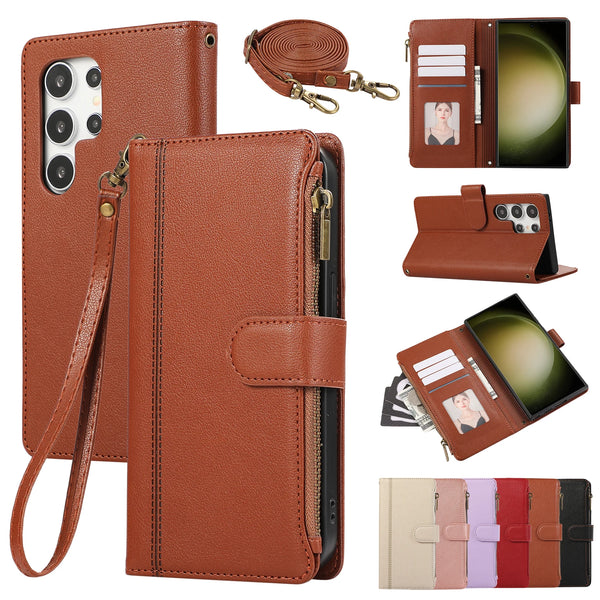Crossbody Leather Case for Samsung Galaxy S25 Ultra Edge S24 Plus 23 FE S22 S25U S24U S25Fe Card Slots Holder Wallet Phone Cover