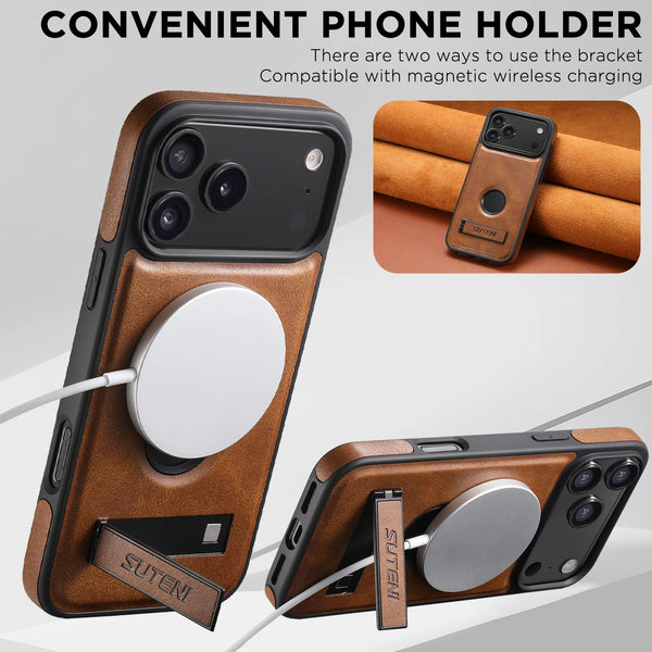 SUTENI Luxury Faux Leather Phone Case Stand Magnet Wireless Charging Smooth Surface For iPhone 17 Pro Max 16 Plus 15 14 13 12