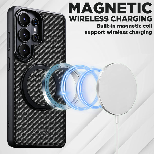 Mobile Phone Case Magnet Wireless Charging 360° Rotating Stand Faux Leather Ring Buckle For Samsung Galaxy S26 Ultra S25 S24 S23