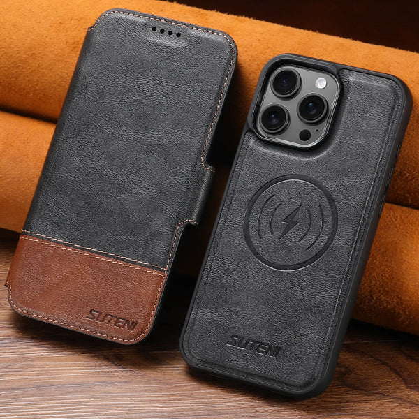 SUTENI Faux Leather Wireless Charging Card Holder Stand Wallet Magnetic Flip Cover Phone Case For iPhone 16 Pro Max 15 Plus 14