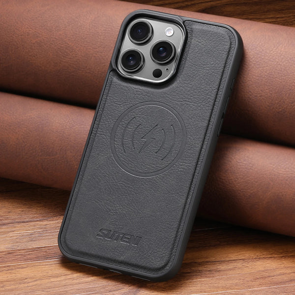SUTENI Frosted Feel Faux Leather Magnet Wireless Charging Lychee Texture Phone Case For iPhone 17 Pro Max 16 Plus 15 14 13
