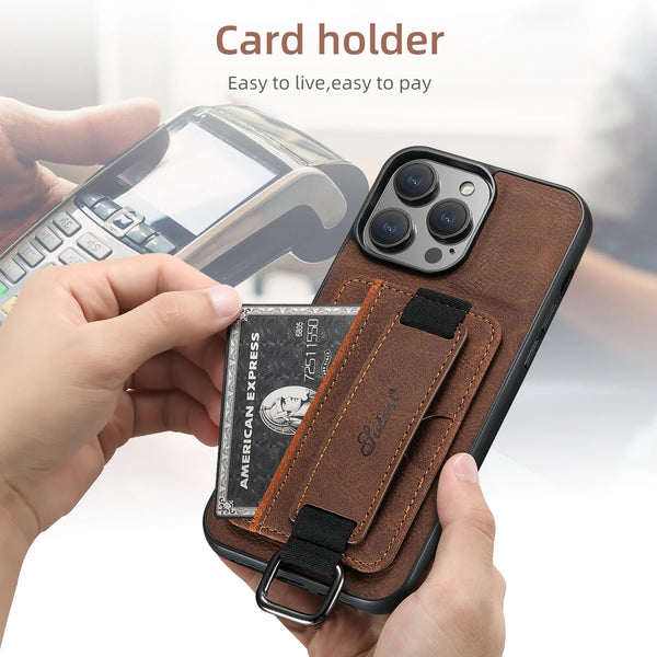 SUTENI Lychee skin print wrist strap card phone case Card holder for iPhone 17 ProMax 16 Plus 15 14 13 12 11 XR XS