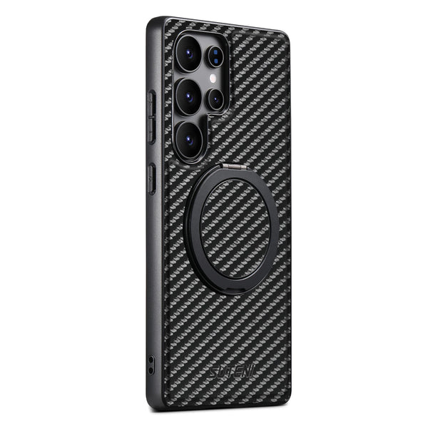 SUTENI Carbon Fiber Phone Case Wireless Charging 360° Rotating Stand PU Leather Ring Buckle For Samsung S26Ultra S25 S24 S23 S22