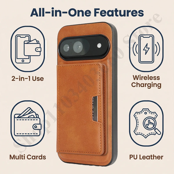 2 in 1 Leather Case For Google Pixel 8 8A 8Pro 9 9Pro 10 10pro Pro XL 9A 10A Magnetic Wireless Charging Cards Slots Phone Cover