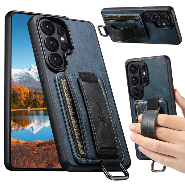 SUTENI Phone Case Wrist Strap Ring Buckle Faux Leather Card Holder Stand For Samsung Galaxy S26 Ultra S25 Plus S24 S23