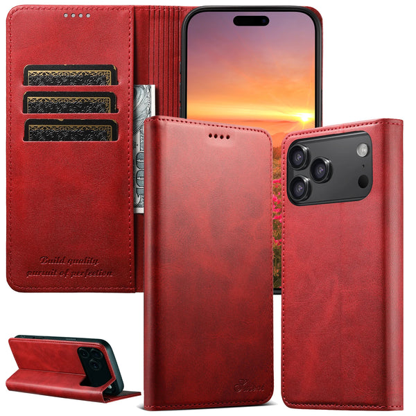 SUTENI brand Calfskin Magnetic Flip Leather Case for iPhone 17 Pro Max 13 14 Pro 15 Plus 16E 17 Air Book Folio Slim Wallet Case