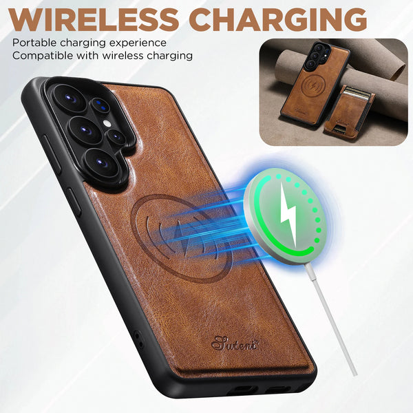 SUTENI Faux Leather Phone Case Wireless Charging Magnet Card Holder Stand For Samsung Galaxy S26 Ultra S25 Plus S24 S23+