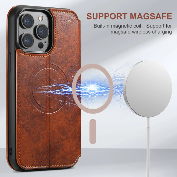 SUTENI Magsafe Leather Phone Case For iPhone 12 13 14 15 16 17 Pro Max Plus Flip Cover Wallet For Men Card Holder