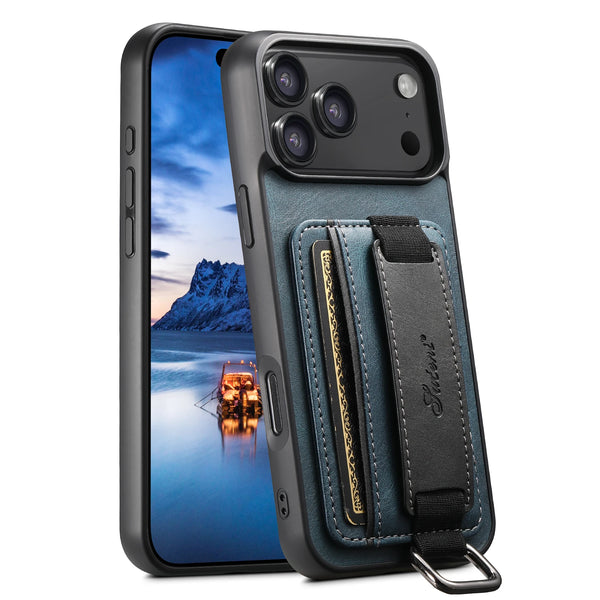 SUTENI brand Wrist Strap Leather Card Holder Stand for IPhone 17 Air Pro 16 E Plus 15 14 13 12 Mini 11 X Xs XR Max Case