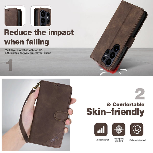 Flip PU Leather Case for Samsung S26 Ultra S25 Edge Plus S24 Fe S23 S22 S26U S25U S24U Card Slots Phone Cover With Hand Strap