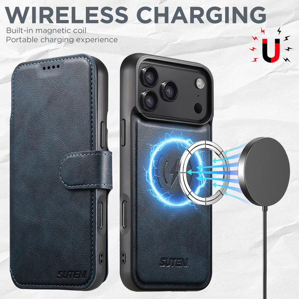 SUTENI Faux Leather Wireless Charging Card Holder Stand Wallet Magnetic Flip Cover Phone Case For iPhone 17 Pro Max 16 Plus 15