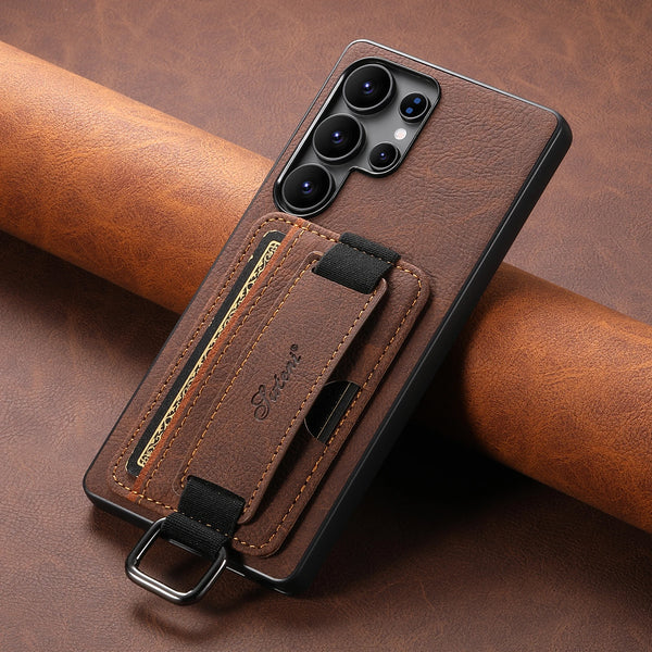 SUTENI PU Leather Phone Case Wrist Strap Ring Buckle Card Holder Stand For Samsung S26Ultra S25Plus S24 S23 S22 Note20